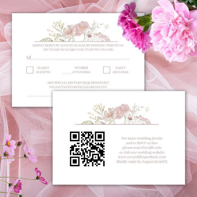 Carte D'accompagnement Fleur sauvage moderne blanc Mariage QR Code RSVP (Créateur téléchargé)