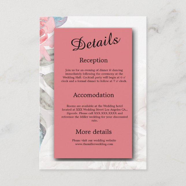 Carte D'accompagnement Fleur sauvage rose   de pivoine florale mariage (Devant)