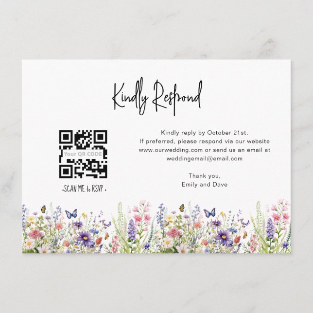 Carte D'accompagnement fleur sauvage RSVP Mariage QR CODE Détails sur le  (Devant)