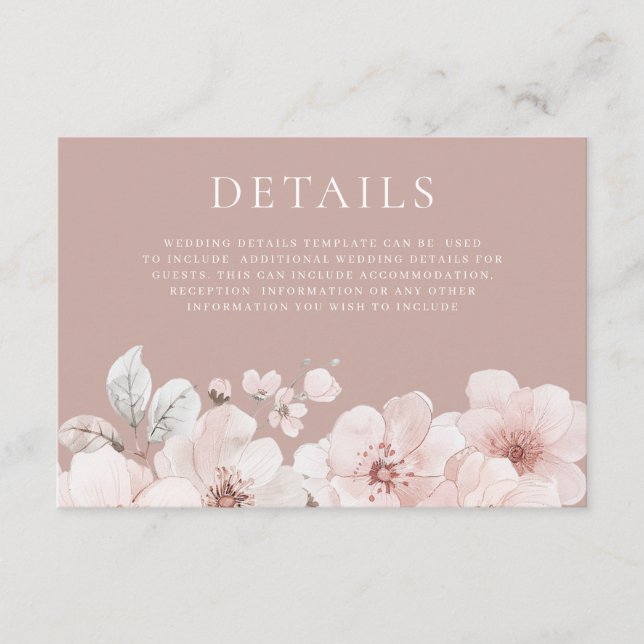 Carte D'accompagnement Fleurs blanches et Mariage rose poussiéreux Détail (Devant)