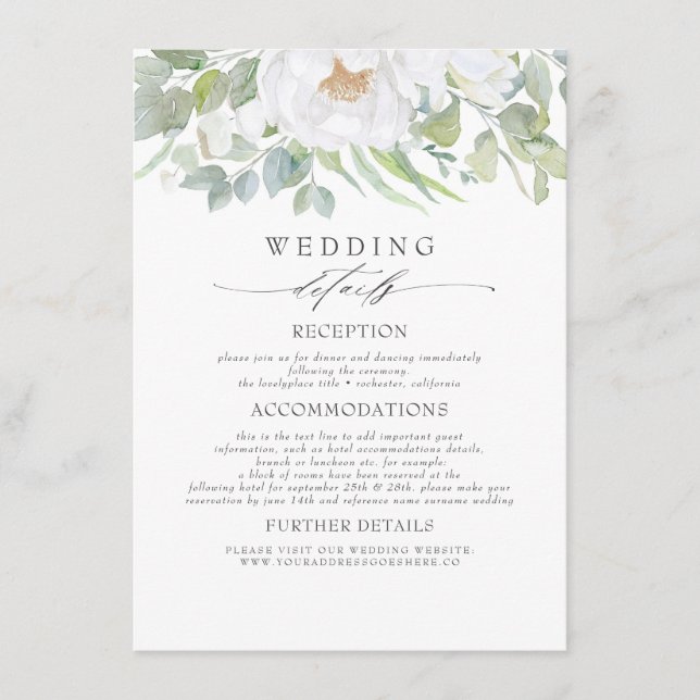 Carte D'accompagnement Fleurs blanches et verdure Informations Mariages (Devant)
