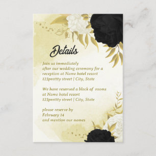 Carte D'accompagnement fleurs blanches noires or feuilles