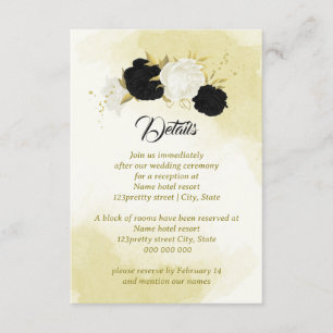 Carte D'accompagnement fleurs blanches noires or feuilles