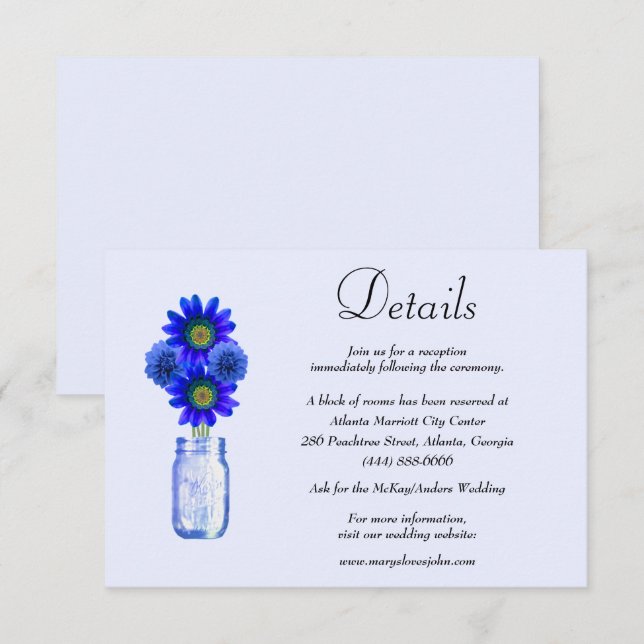Carte D'accompagnement Fleurs bleues Mason Jar Détails du Mariage (Devant / Derrière)