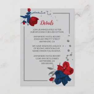 Carte D'accompagnement Fleurs bleues rouges et marines argent détails feu