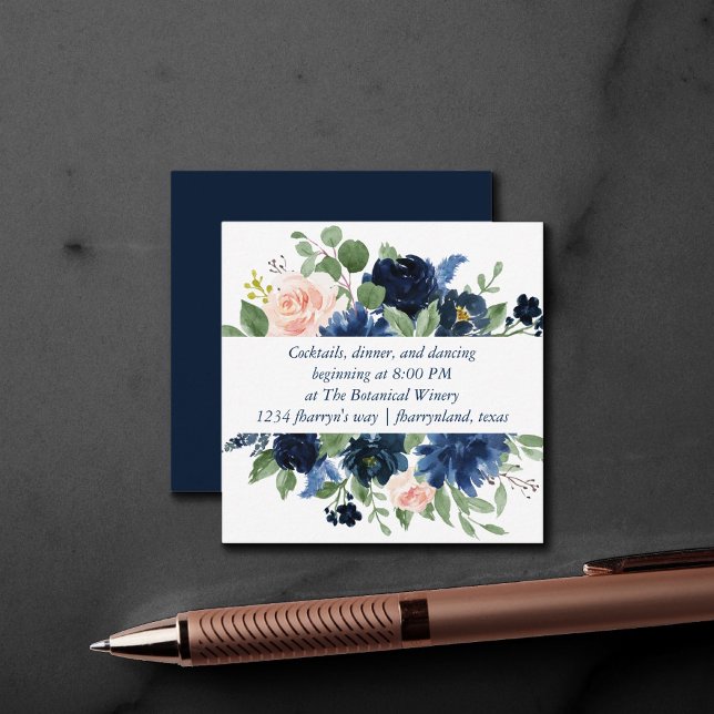 Carte D'accompagnement Fleurs Chic | Réception Navy Blue et Blush Détails (Créateur téléchargé)
