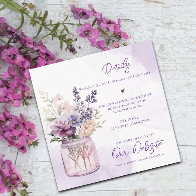 Carte D'accompagnement Fleurs Dans Mason Jar Purple Floral Mariage Détail (Flowers In Mason Jar Purple Floral Wedding Details Enclosure Card)