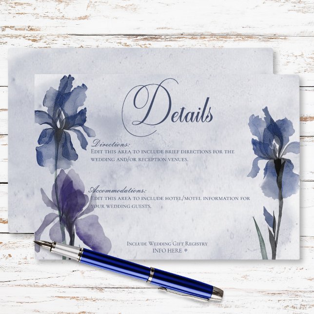 Carte D'accompagnement Fleurs Iris Bleu Moderne Bleu Détails Mariage (Blue Iris Flowers Modern Blue Wedding Details Enclosure Card)