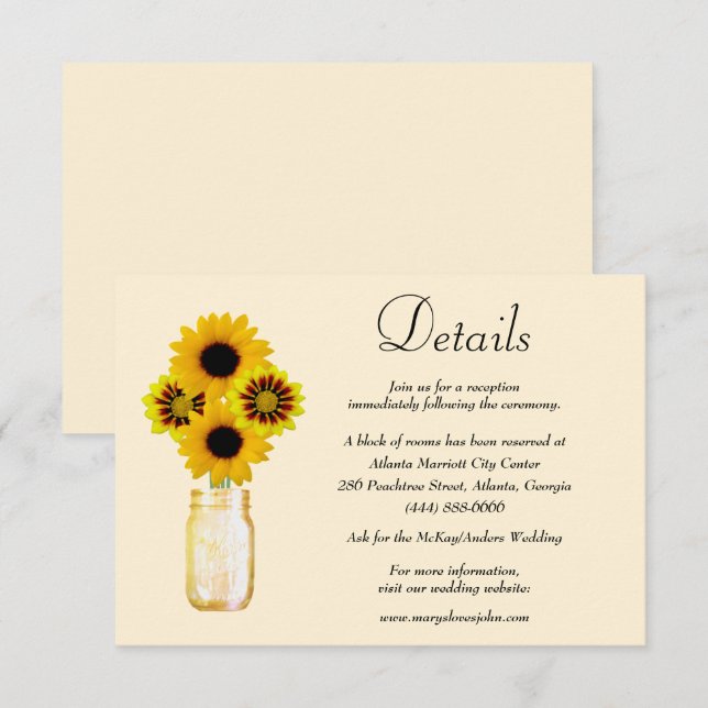 Carte D'accompagnement Fleurs Jaunes Mason Jar Détails du Mariage (Devant / Derrière)