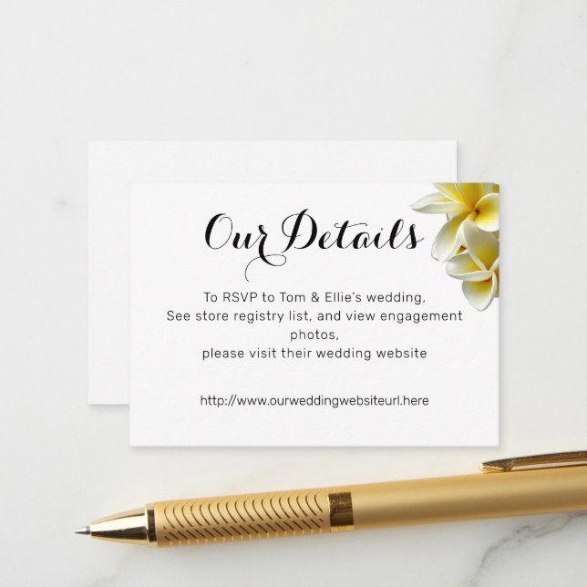 Carte D'accompagnement Fleurs Plumeria Jaune Détails Mariage (Devant/Arrière en situation)
