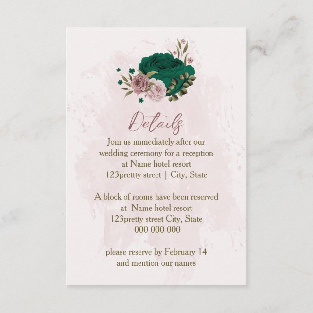 Carte D'accompagnement fleurs rose vert émeraude détails mariage (Devant)