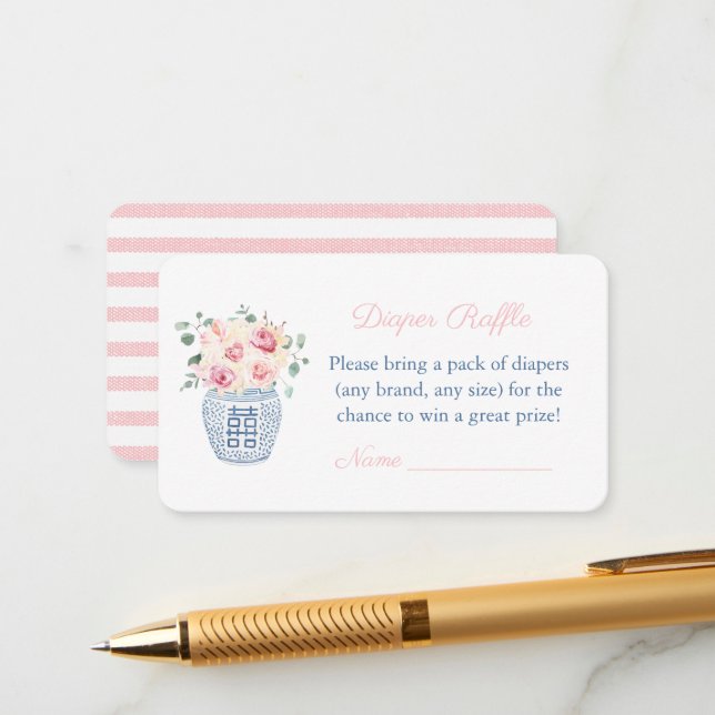 Carte D'accompagnement Fleurs roses Ginger Jar Déchets Baby shower Raffle (Devant/Arrière en situation)