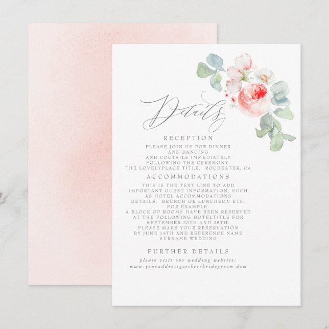 Carte D'accompagnement Fleurs roses Informations de mariage élégantes (Devant / Derrière)