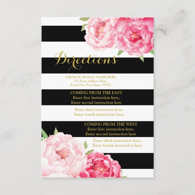 Carte D'accompagnement Fleurs roses - Mariage en bande noire - Direction  (Devant)