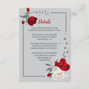 Carte D'accompagnement Fleurs rouges et blanches argent détails feuilles