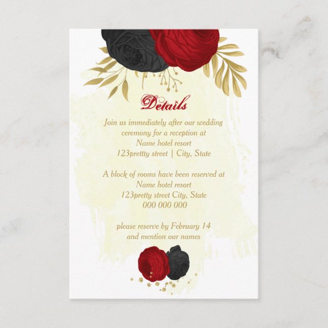 Carte D'accompagnement fleurs rouges et noires or mariage botanique (Devant)