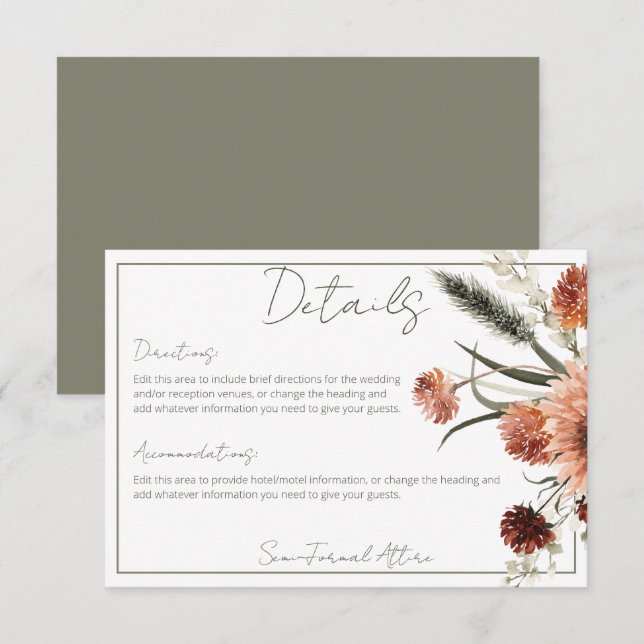 Carte D'accompagnement Fleurs rouilles en terre cuite rustique Détails (Devant / Derrière)