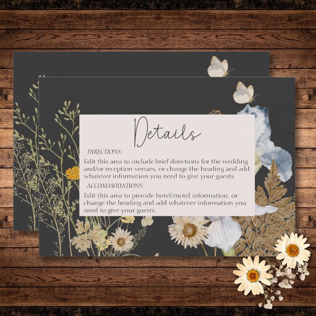 Carte D'accompagnement Fleurs sauvages sur le Mariage de charbon (Wildflowers on Charcoal Wedding Details Enclosure Card)