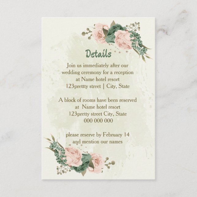 Carte D'accompagnement fleurs vert sauge détails mariage (Devant)