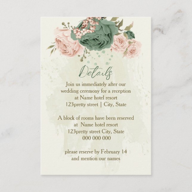 Carte D'accompagnement fleurs vert sauge détails mariage (Devant)