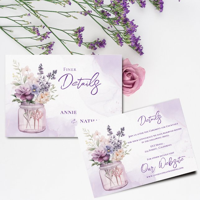 Carte D'accompagnement Fleurs Violettes En Mason Jar Détails Mariage Flor (Purple Flowers In Mason Jar Floral Wedding Details Enclosure Card)