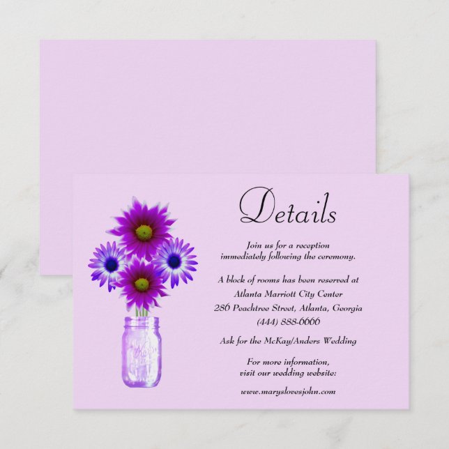 Carte D'accompagnement Fleurs violettes Mason Jar Détails du Mariage (Devant / Derrière)