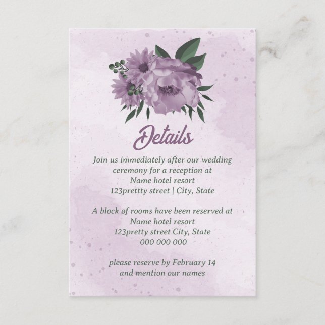 Carte D'accompagnement fleurs violettes verdure botanique mariage (Devant)