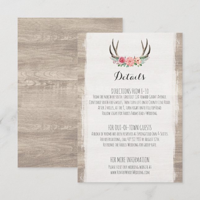 Carte D'accompagnement Floral Antlers Rustic Mariage Détails / Directions (Devant / Derrière)