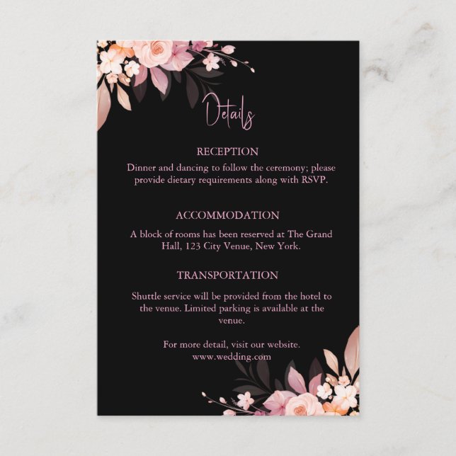 Carte D'accompagnement Floral Black & Blush Rose Wedding (Devant)