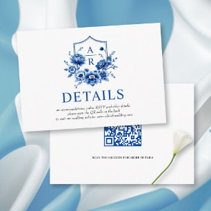 Carte D'accompagnement Floral bleu Chinoiserie fleurs détails mariage QR