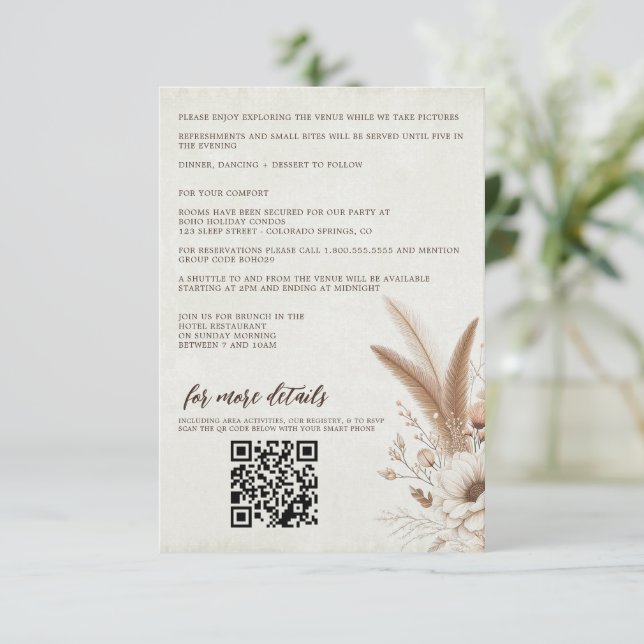 Carte D'accompagnement Floral Boho neutre avec QR Code & Détails Mariage (Debout devant)