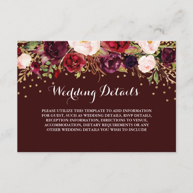 Carte D'accompagnement Floral Bourgogne Gold Wedding Détails de la récept (Devant)