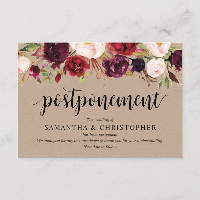 Carte D'accompagnement Floral Bourgogne, Kraft, Noir, Mariage reporter (Devant)