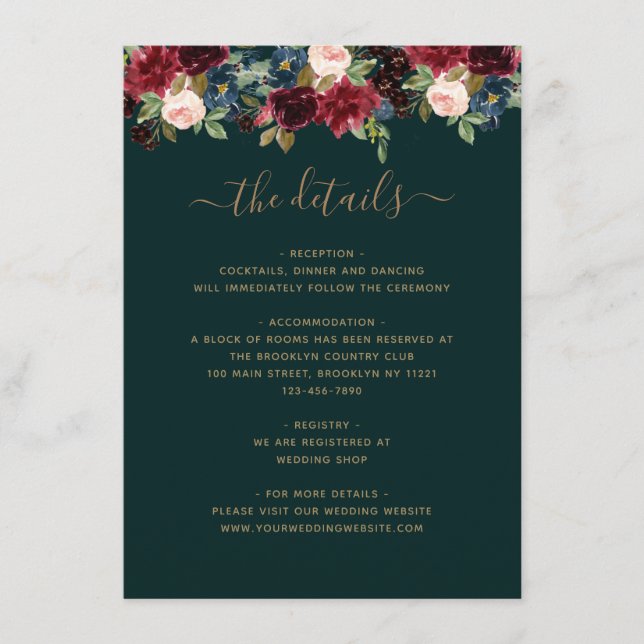 Carte D'accompagnement Floral Bourgogne Marine bleu Bijoux vert Mariage (Devant)