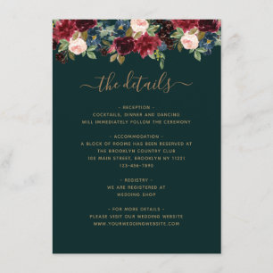 Carte D'accompagnement Floral Bourgogne Marine bleu Bijoux vert Mariage