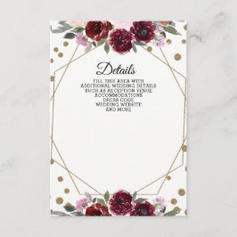 Carte D'accompagnement Floral Bourgogne Parties scintillant or Mariage gé