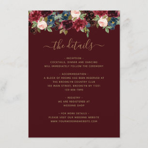 Carte D'accompagnement Floral Burgundy Marine Bleu Joyau Rouge Mariage de