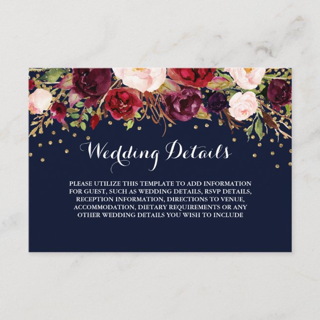 Carte D'accompagnement Floral Burgundy Navy Mariage Détails de la récepti (Devant)
