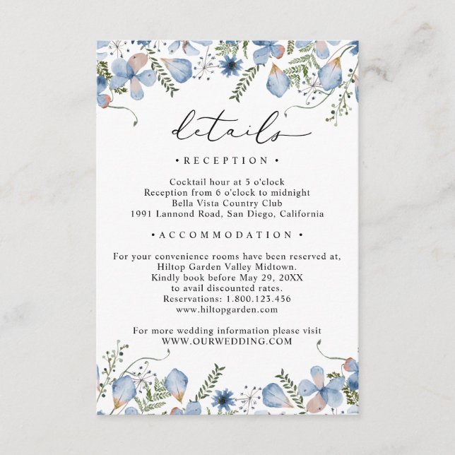 Carte D'accompagnement Floral Dusty Blue Détails Mariage (Devant)