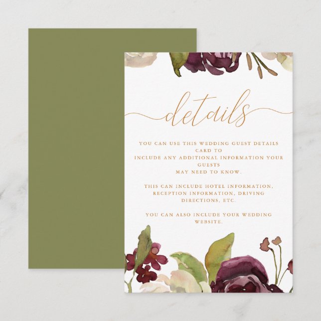 Carte D'accompagnement Floral et Calligraphie Mariage Détails de l'invité (Devant / Derrière)