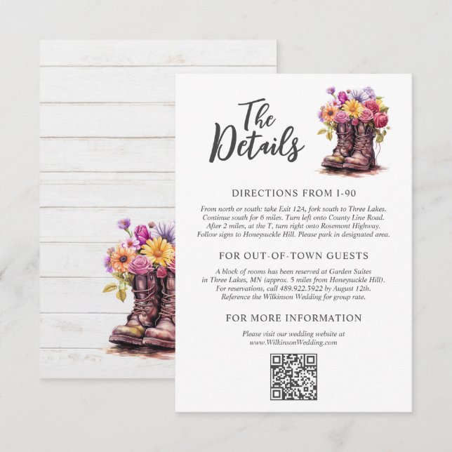 Carte D'accompagnement Floral Farm Boots Rustic Mariage campagnard Détail (Devant / Derrière)