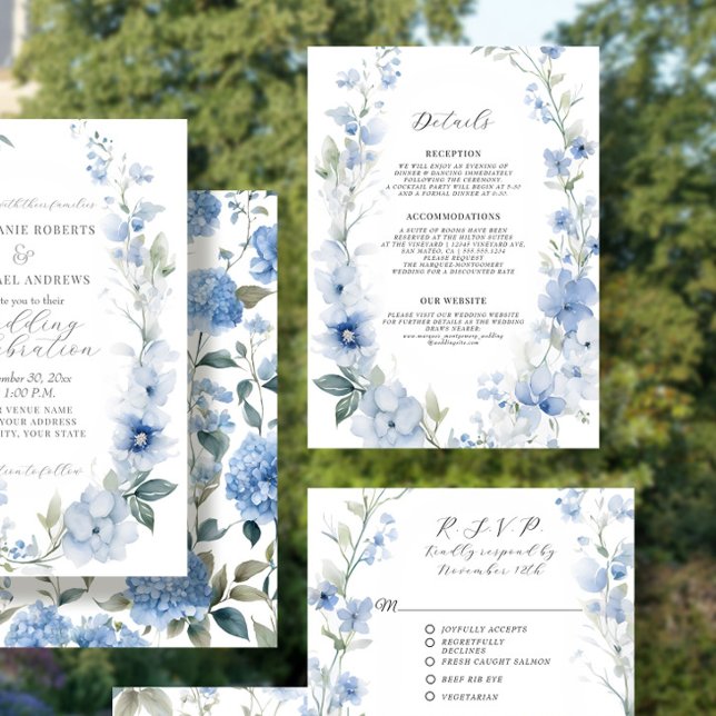 Carte D'accompagnement Floral Fleur sauvage Élégant Été Bleu Blanc Détail (Créateur téléchargé)