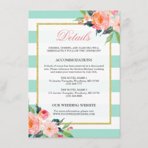 Carte D'accompagnement Floral Mint Green Stripes Gold Détails du Mariage
