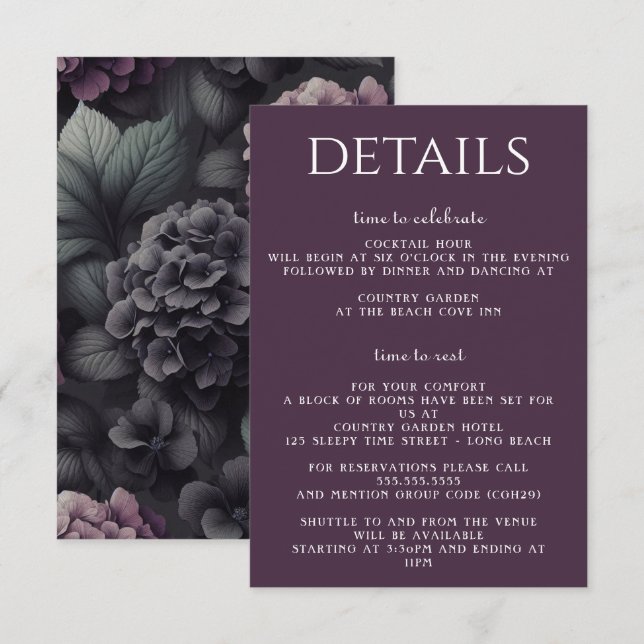Carte D'accompagnement Floral Moody noir et violet (Devant / Derrière)