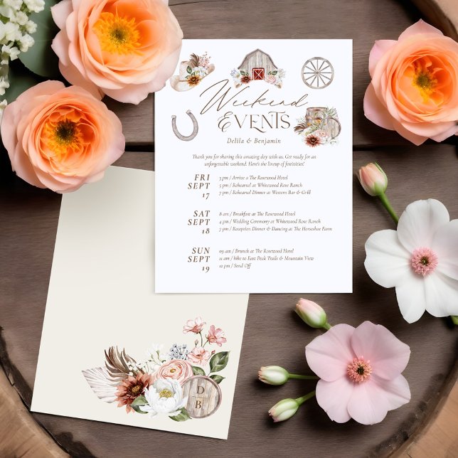Carte D'accompagnement Floral Pays Ouest Mariage Week-end Itinéraire (Floral Country Western Wedding Weekend Itinerary Enclosure Card)