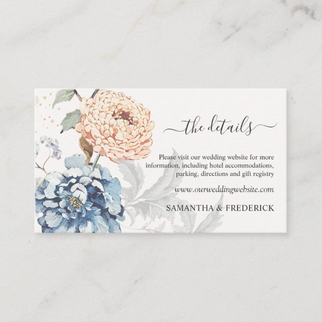Carte D'accompagnement Floral Pêche Bleu Bleu Détails du Mariage (Devant)