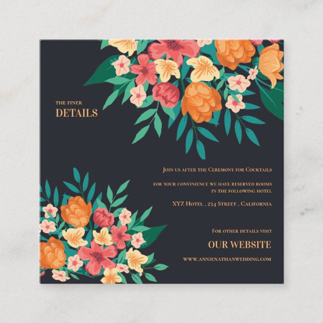 Carte D'accompagnement Florales Orange Jaune Chic Détails Mariage (Devant)
