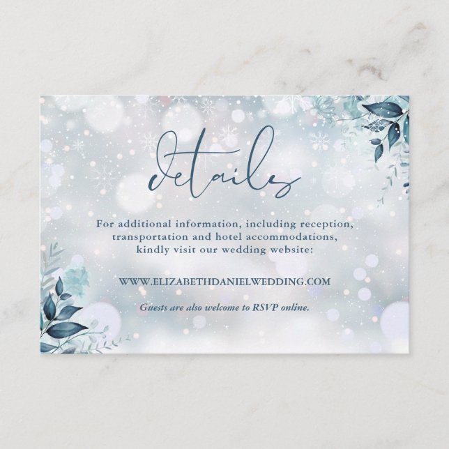 Carte D'accompagnement Flore Rustique Snowflakes Détails du mariage d'hiv (Devant)