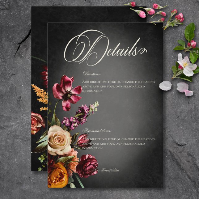 Carte D'accompagnement Flou foncé élégant Flou Automne Floral Détails du  (Dark Elegant Blur Autumn Floral Wedding Details Enclosure Card)