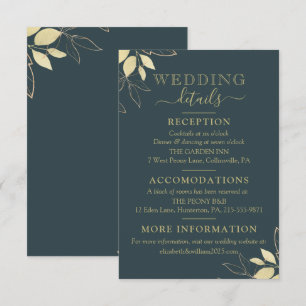 Carte D'accompagnement Foliage Turquoise foncé & Or Mariage botanique mod